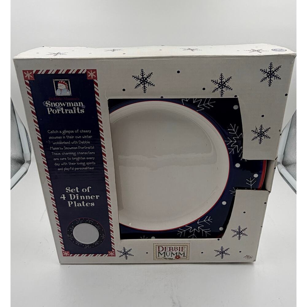 Debbie Mumm Christmas Snowman Portraits Set of 4 Dinner Plates 11” NEW